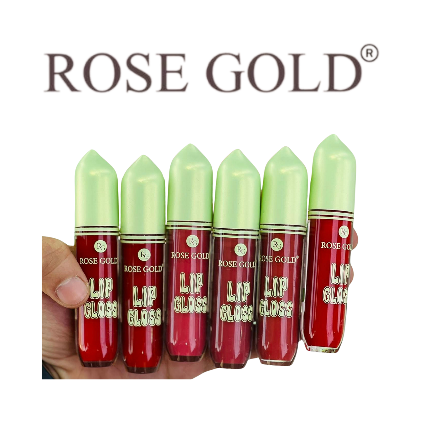 ملمع شفاه "روز جولد" – تصميم بلون أحمر لامع وغطاء أخضر